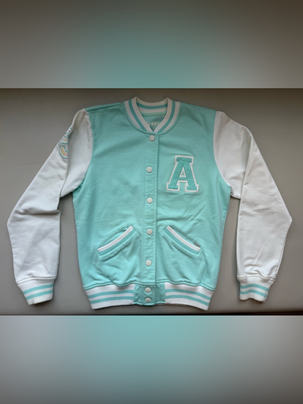 Nau Aqua & White Kids Varsity Jacket with 'A' Patch